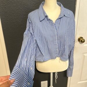 distress striped crop button up shirt